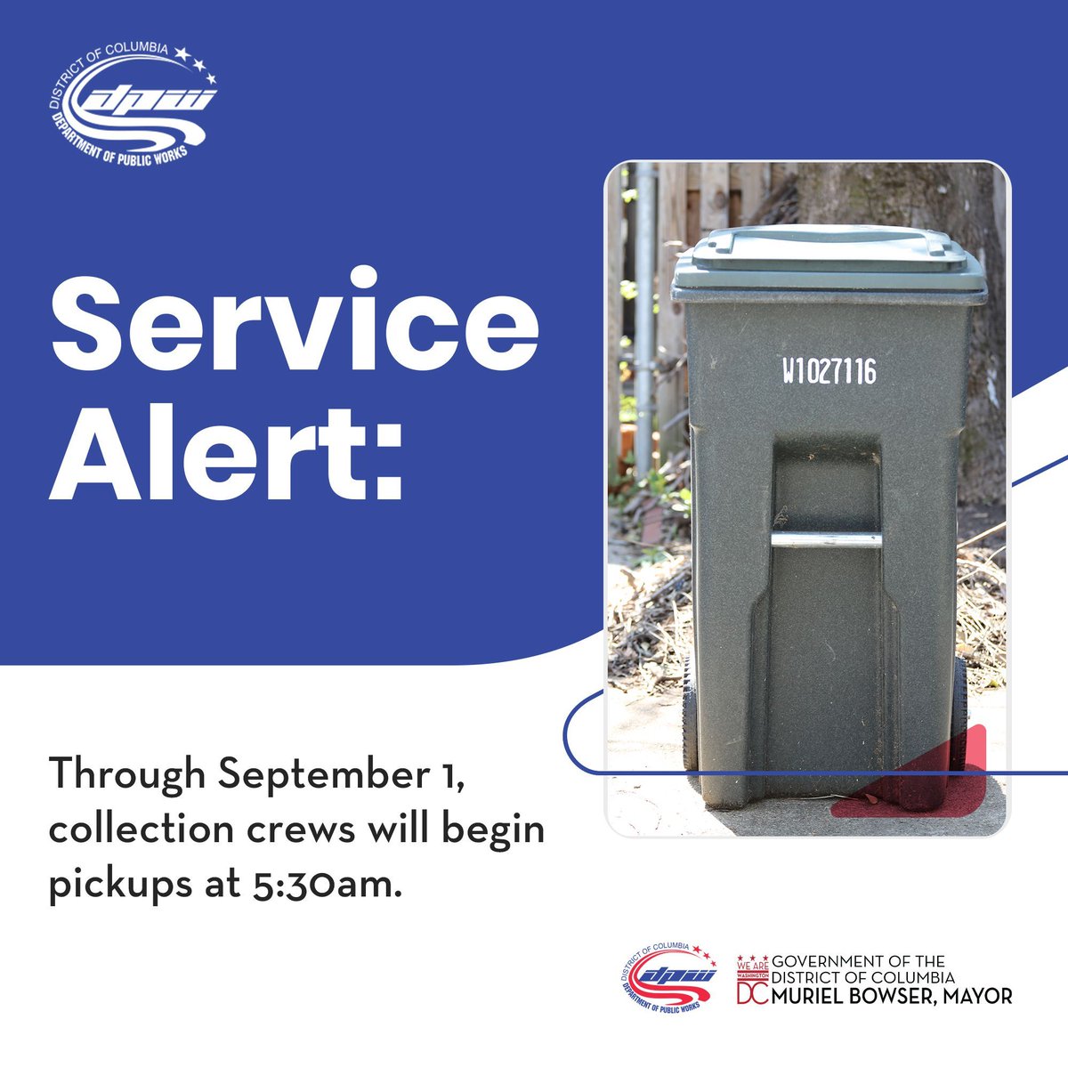 📢 Early birds, take note!

🕠 DPW crews will now start trash, recycling, and food waste collections at 5:30 AM through September to protect worker safety.

Remember to place your bins out the night before.