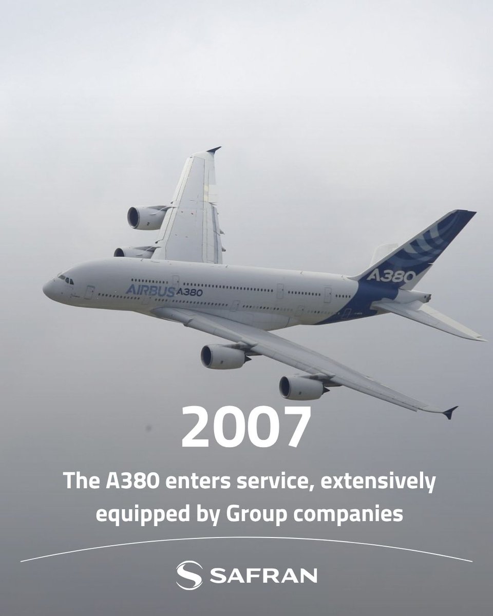[#SagaSafran🕰️] In 2007, the #A380 entered service.
This “sky cruise ship,” featuring two decks and powered by four turbofan engines, is the largest civil aircraft ever built.
Nearly 12 Safran companies contributed equipment to the A380:  engine nacelles,  high-pressure