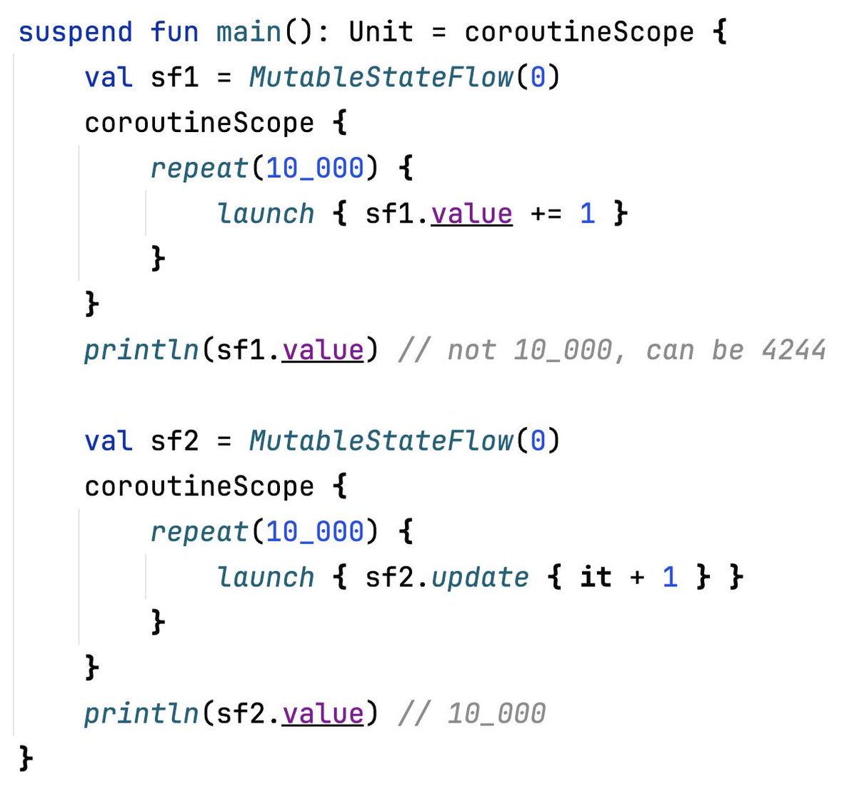 marcinmoskala's tweet image. Updates to #MutableStateFlow should be made using the update function; otherwise, conflicts might cause some updates to be lost.