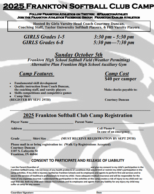 Frankton Softball (@softba1frankton) on Twitter photo A TOTAL of 45 players at Jr. High & HS softball callout meeting today!! Please see September open field schedule, along with an upcoming camp on Oct 5th for grades 1-8!!
<a href="/FranktonAthleti/">Frankton Athletics</a> A TOTAL of 45 players at Jr. High & HS softball callout meeting today!! Please see September open field schedule, along with an upcoming camp on Oct 5th for grades 1-8!!
<a href="/FranktonAthleti/">Frankton Athletics</a>