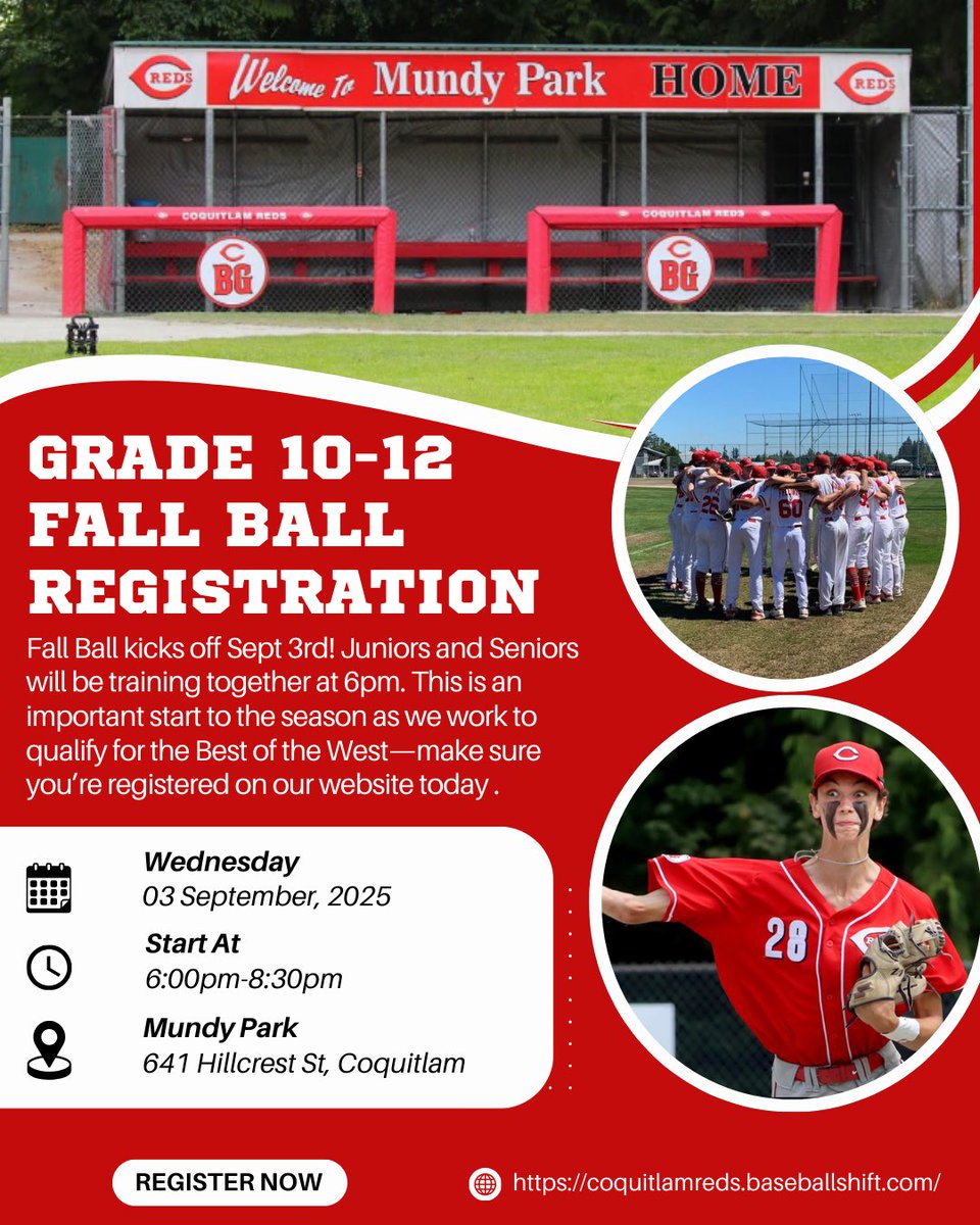 CoquitlamReds's tweet photo. Reds Junior and Senior Fall Ball starts Sept 3rd! Open to Gr. 10–12 with team &amp; position-specific practices, exhibition games, and prep for the Best of the West Qualifier Oct 2nd. Register below:

https://t.co/gYUfbalSJo https://t.co/PyLSbh1o18