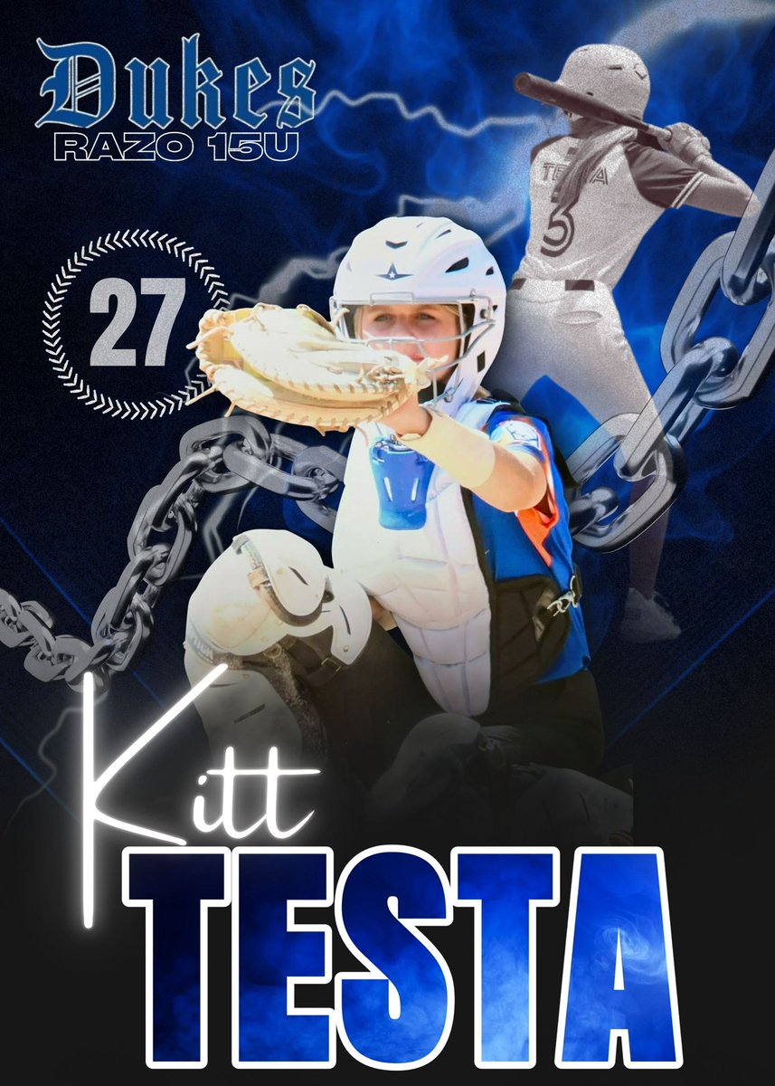 LadyDukes_Razo's tweet image. 🚨12 DAYS OF PLAYER ANNOUNCEMENTS!🚨

DAY THREE:

We are delighted to announce the arrival of Kitt Testa, a versatile player who will bolster our defense behind the plate! @Kitt_Testa28 

- Year: 2028
- Position: C/OF/1B
- High School: Canfield High School
- Accomplishments:…