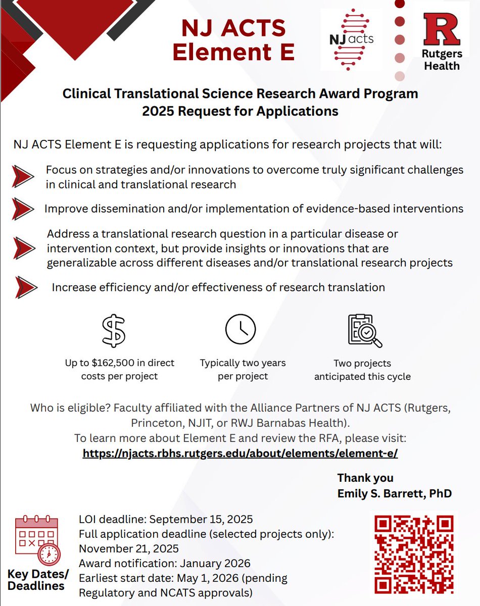 #NJACTS invites applications for new Element E Projects through the CTSA program. Funding supports innovative solutions to advance clinical &amp; translational research. 
Letters of Intent are due Sept 15, 2025. 
Learn more: loom.ly/aXa9vic