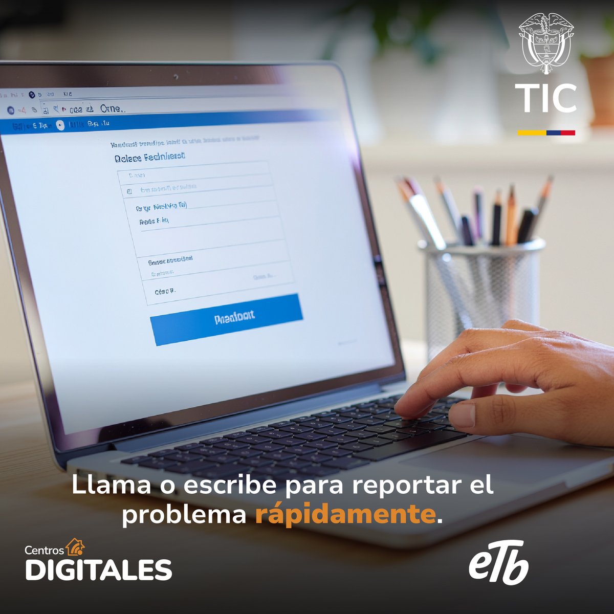 ETB's tweet image. ¿El Internet de los Centros Digitales está fallando? Avísanos y ayúdanos a mejorar el servicio. Llámanos al 01 8000 910 911 o escríbenos a ccc@mintic.gov.co. Internet gratuito y de calidad para todos. #SoporteDigital #MejoraContinua #CentrosDigitales