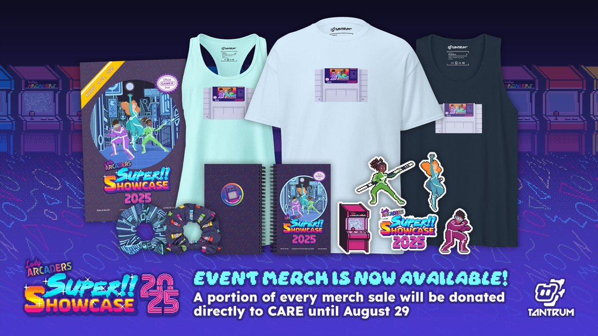 🎮 The <a href="/ladyarcaders/">Lady Arcaders</a> Super Showcase 2025 event is LIVE raising money for <a href="/CARE/">CARE (care.org)</a>! Help support the fundraiser by grabbing the event apparel, stickers, poster, or notebook as a portion of every sale will go directly to supporting CARE 🧡 Get your orders in over at ➡️