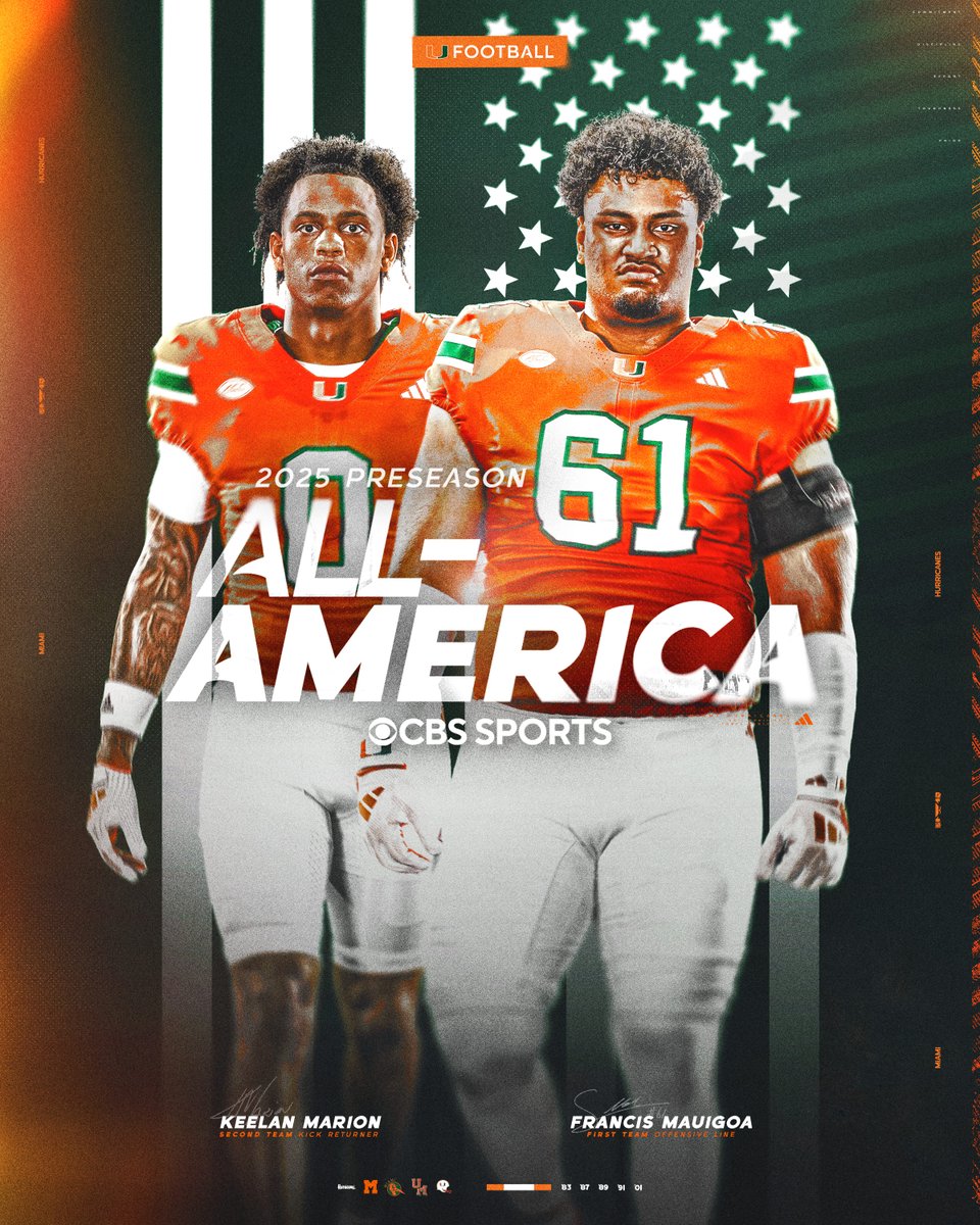 Two Canes. One standard. 💪

Francis Mauigoa and Keelan Marion have been named Preseason All-Americans by CBS Sports 🙌