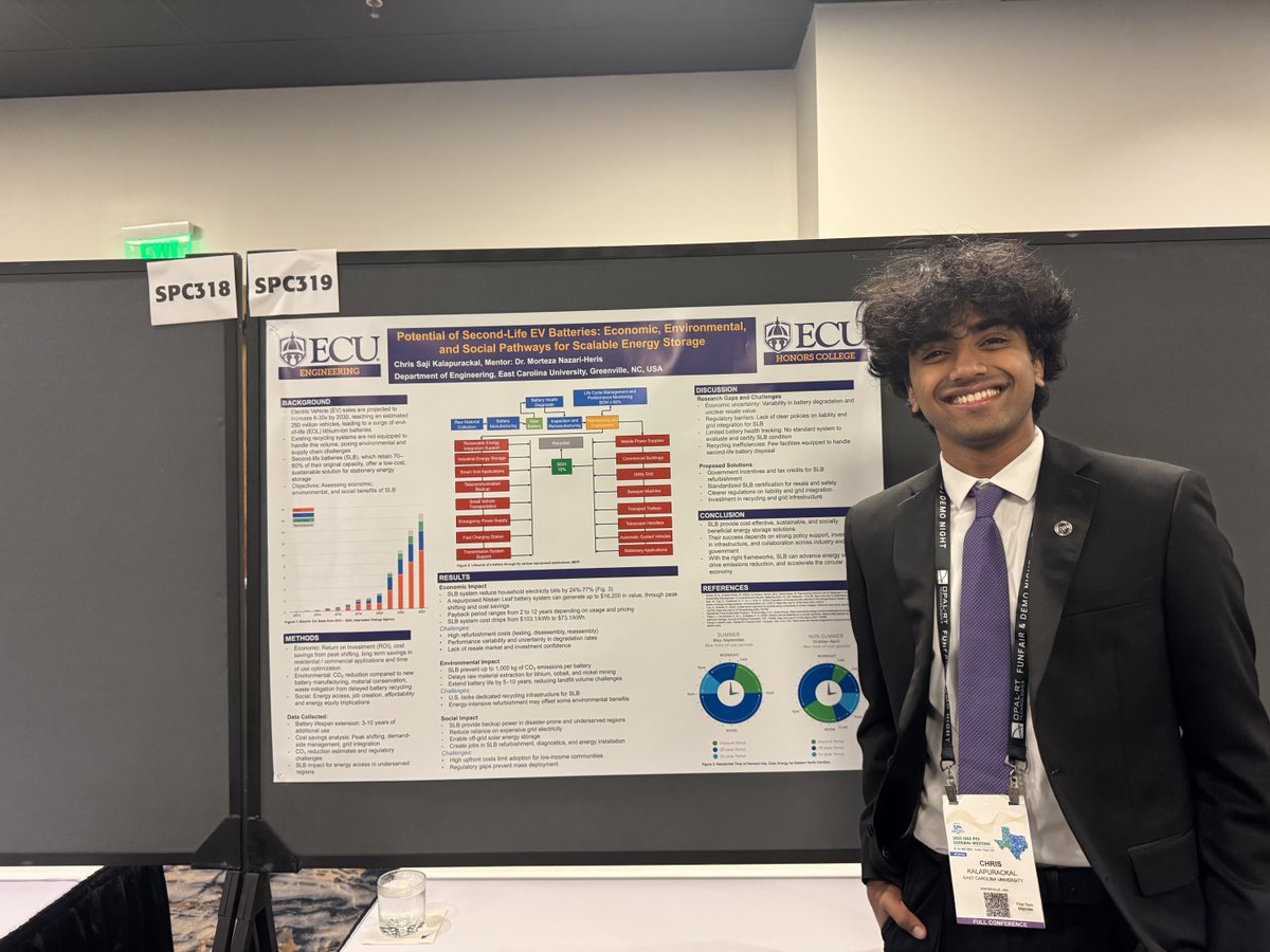 Second year #BrinkleyLane Scholar Chris Kalapurackal presented his research on the Potential of Second-Life Electric Vehicle (EV) Batteries at the IEEE Power &amp; Energy Society’s conference in Austin, Texas this summer.