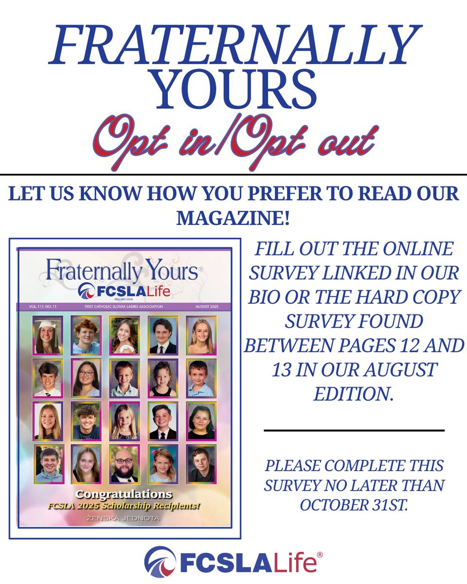 Want to keep receiving our magazine? Let us know by filling out our survey

#fcslalife #livefraternally #fraternal