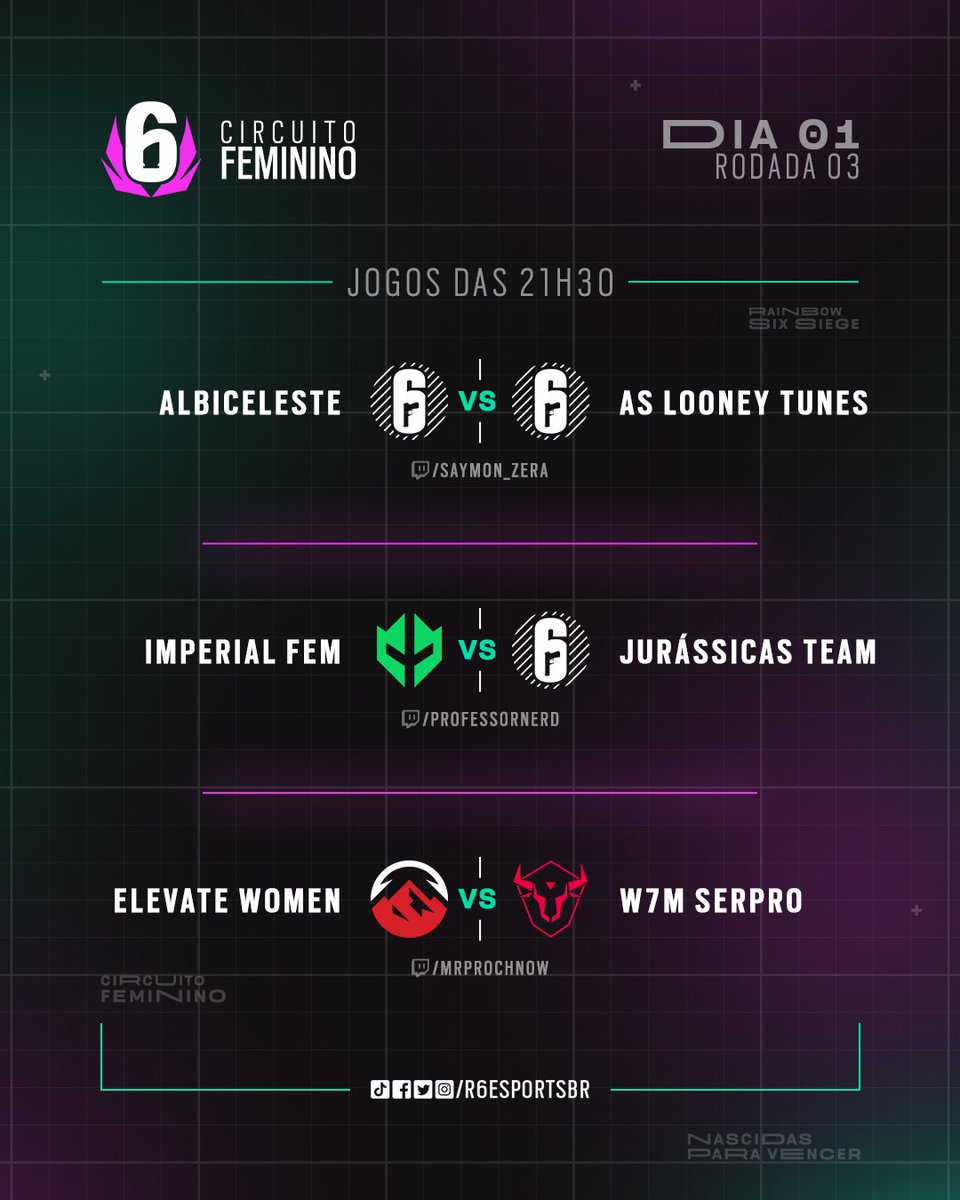 R6 Esports Brasil 🇧🇷 (@r6esportsbr) on Twitter photo É DIA DE ESTREIA DA ETAPA #3 DO CIRCUITO FEMININO 🔥
Você pode acompanhar tudo nos canais oficiais do:
🎙<a href="/tiagogonzaga/">Professor Nerd ✏️🎮🖖🏼🎙️🎸💚✠</a>
🎙<a href="/Saymon_Zera/">CPC SaymonZera</a>
🎙<a href="/MrProchnow_/">MrProchnow</a> É DIA DE ESTREIA DA ETAPA #3 DO CIRCUITO FEMININO 🔥
Você pode acompanhar tudo nos canais oficiais do:
🎙<a href="/tiagogonzaga/">Professor Nerd ✏️🎮🖖🏼🎙️🎸💚✠</a>
🎙<a href="/Saymon_Zera/">CPC SaymonZera</a>
🎙<a href="/MrProchnow_/">MrProchnow</a>