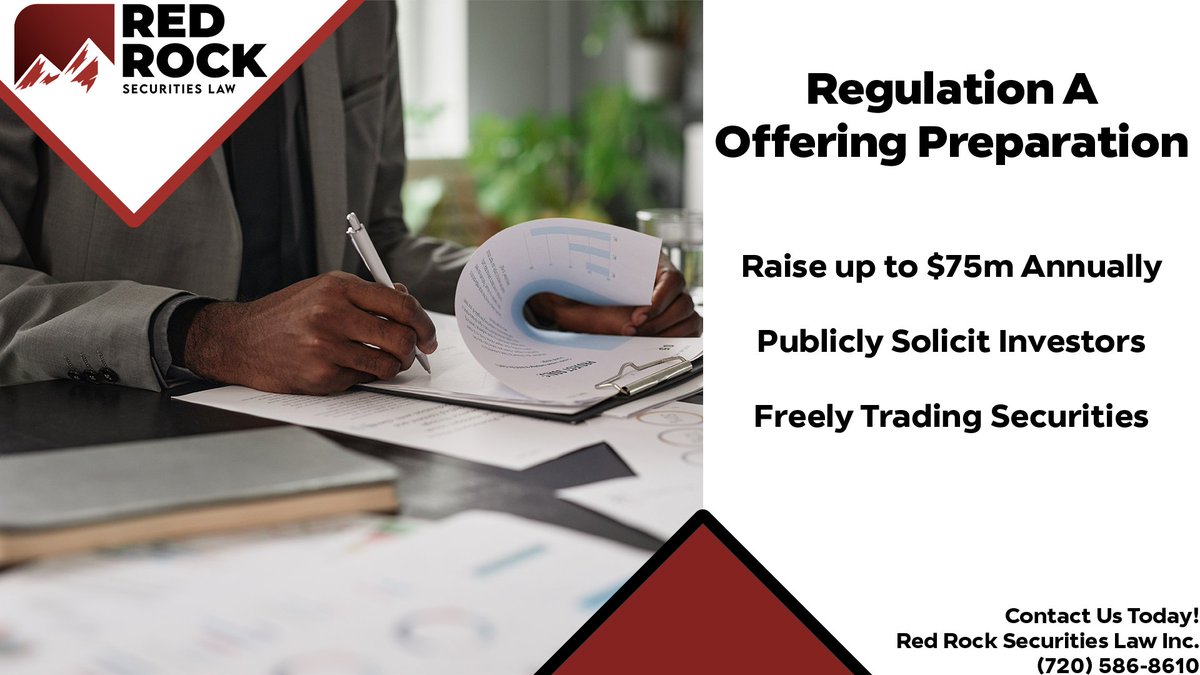 Redrockfiling's tweet image. Raise Capital for Your Business with a Regulation A+ Offering!

Red Rock Securities Law provides a full range of legal services for the preparation of Tier 1 and Tier 2 Regulation A+ exempt Offerings.

Our Regulation A+ Offering Preparation Services focus on the legal work to…