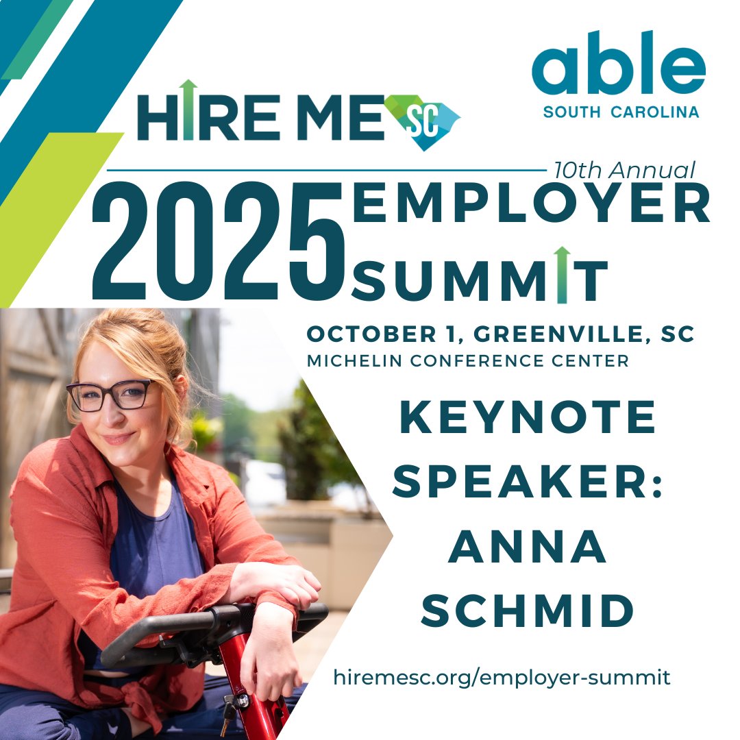 ICYMI: Anna Schmid will keynote the 10th Annual Employer Summit! ✨ Her talk: Bridging the Gap—creating workplaces where disabled employees feel safe, seen &amp; valued. Join us Oct 1 in Greenville, SC. Register by Sept 20 👉 hiremesc.org/employer-summit

#HireMeSC #NDEAM