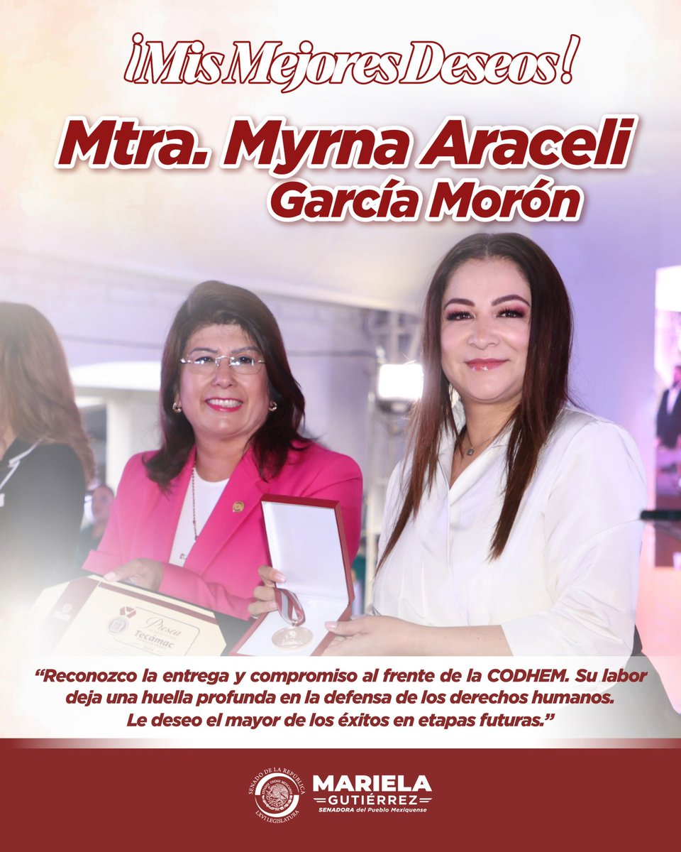 Mariela Gutiérrez (@marielagtzesc) on Twitter photo Mi reconocimiento y gratitud a la Mtra. <a href="/MyrnaGarciaMx/">Myrna A García Morón</a>, quien el día de ayer concluyó su gestión al frente de la Comisión de Derechos Humanos del Estado de México (<a href="/CODHEM/">Comisión de Derechos Humanos del Estado de México</a>).
Su compromiso, entrega y visión dejaron una huella profunda en la defensa y promoción de los derechos Mi reconocimiento y gratitud a la Mtra. <a href="/MyrnaGarciaMx/">Myrna A García Morón</a>, quien el día de ayer concluyó su gestión al frente de la Comisión de Derechos Humanos del Estado de México (<a href="/CODHEM/">Comisión de Derechos Humanos del Estado de México</a>).
Su compromiso, entrega y visión dejaron una huella profunda en la defensa y promoción de los derechos