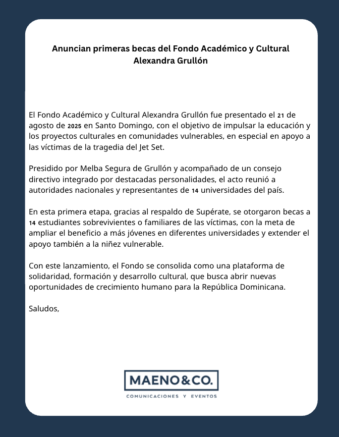 maenoco's tweet photo. Anuncian primeras becas del Fondo Académico y Cultural Alexandra Grullón
#Educación #Alexandragrullon https://t.co/vH7av8FBEm