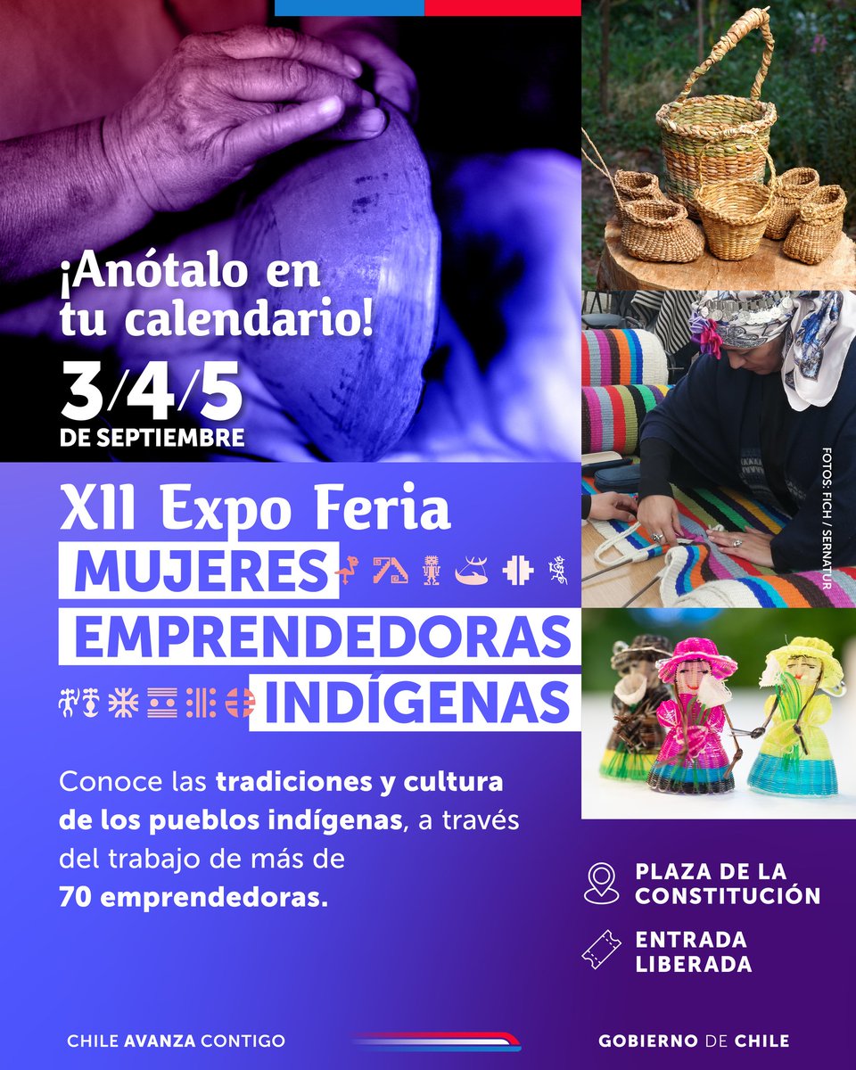 SernamEG RM (@sernameg_rm) on Twitter photo ✨Entre el 3 y 5 septiembre se desarrollará la XII Expo Feria Mujeres Emprendedoras Indígenas, un espacio cultural y de comercialización. 
📍 Serán más de 70 emprendedoras y  seis son  de la RM.
👉 En la Plaza de la Constitución
💙 Organizan Conadi y SernamEG ✨Entre el 3 y 5 septiembre se desarrollará la XII Expo Feria Mujeres Emprendedoras Indígenas, un espacio cultural y de comercialización. 
📍 Serán más de 70 emprendedoras y  seis son  de la RM.
👉 En la Plaza de la Constitución
💙 Organizan Conadi y SernamEG