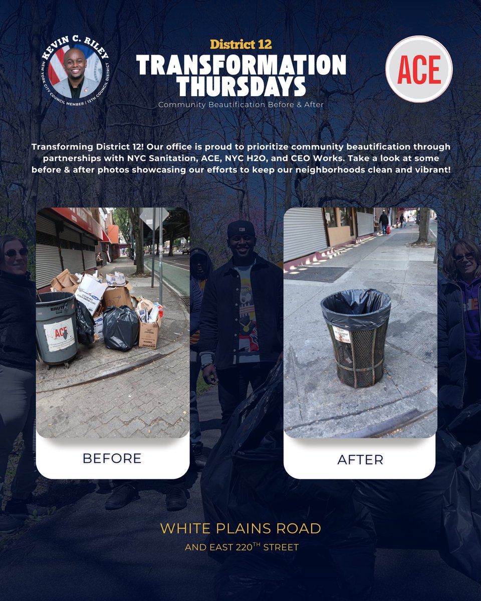 CMKevinCRiley's tweet image. Another #TransformationThursday in District 12!

We’re cleaning up one block at a time — tackling dumping hotspots and beautifying our neighborhoods!

Big thanks to @aceprogramsny continuing to serve our White Plains Rd corridor!