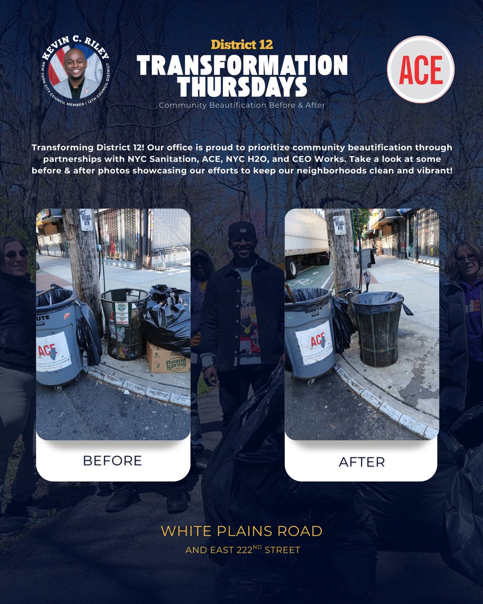 CMKevinCRiley's tweet image. Another #TransformationThursday in District 12!

We’re cleaning up one block at a time — tackling dumping hotspots and beautifying our neighborhoods!

Big thanks to @aceprogramsny continuing to serve our White Plains Rd corridor!