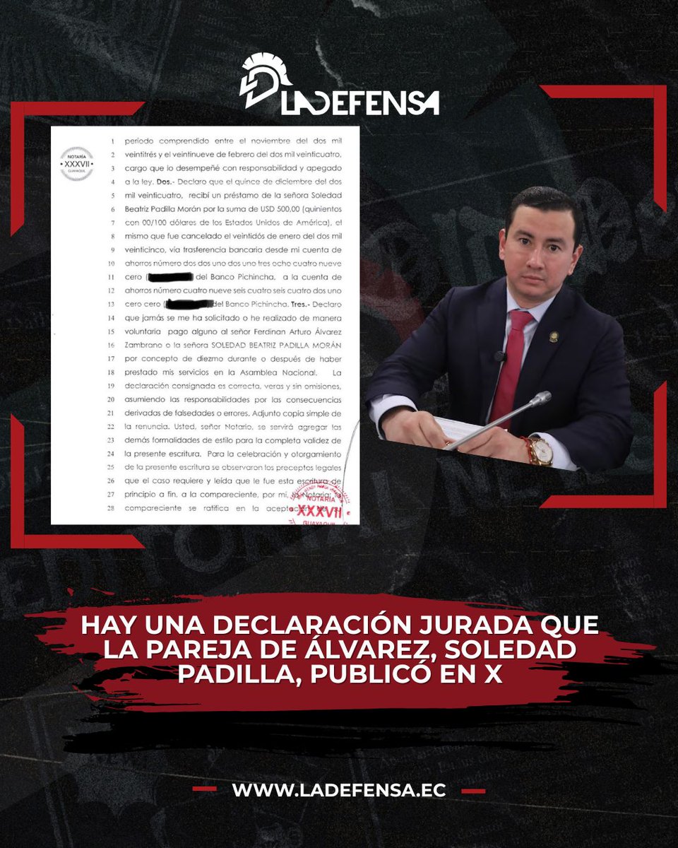 LaDefensa (@ladefensaec) on Twitter photo ¿DIEZMOS A FERDINAND ÁLVAREZ?
El periodista <a href="/AnderssonBoscan/">Andersson Boscán</a> dijo en su espacio informativo que al asambleísta Ferdinand Álvarez (<a href="/FerdinanAZ87/">FERDINAN ALVAREZ Z.</a>) habría recibido diezmos de una colaboradora, en medio de un supuesto cambalache: contratarla para que, por fuera, pague a un chofer con ¿DIEZMOS A FERDINAND ÁLVAREZ?
El periodista <a href="/AnderssonBoscan/">Andersson Boscán</a> dijo en su espacio informativo que al asambleísta Ferdinand Álvarez (<a href="/FerdinanAZ87/">FERDINAN ALVAREZ Z.</a>) habría recibido diezmos de una colaboradora, en medio de un supuesto cambalache: contratarla para que, por fuera, pague a un chofer con