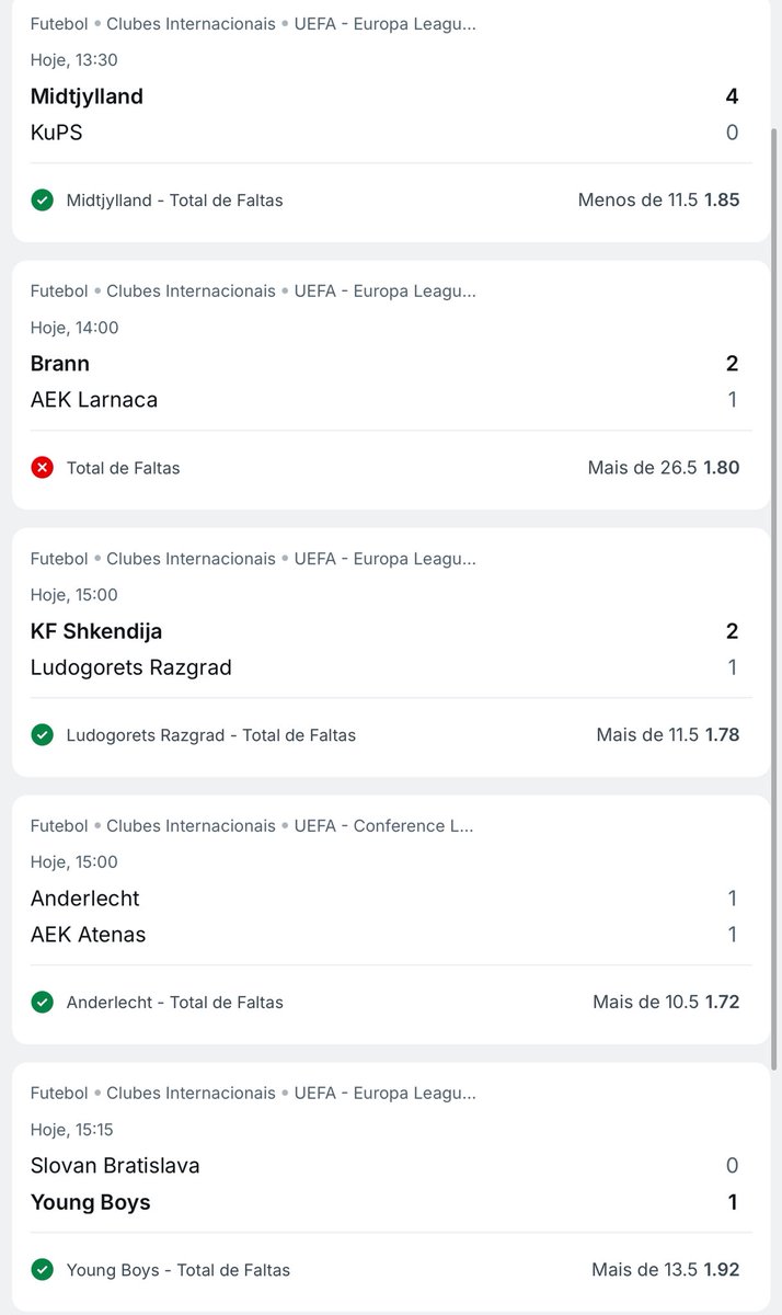 Todas as casas de apostas e os provedores marcando 27 faltas no jogo do Brann x AEK Larnaca… 

Só a UEFA <a href="/EuropaLeague/">UEFA Europa League</a> <a href="/ChampionsLeague/">UEFA Champions League</a> marcando 25 faltas 👎

A própria <a href="/superbet_br/">Superbet Brasil 🇧🇷</a> contabilizou 27 faltas e deu RED.

Vamos ter a boa vontade de corrigir e fazer o certo? ❤️