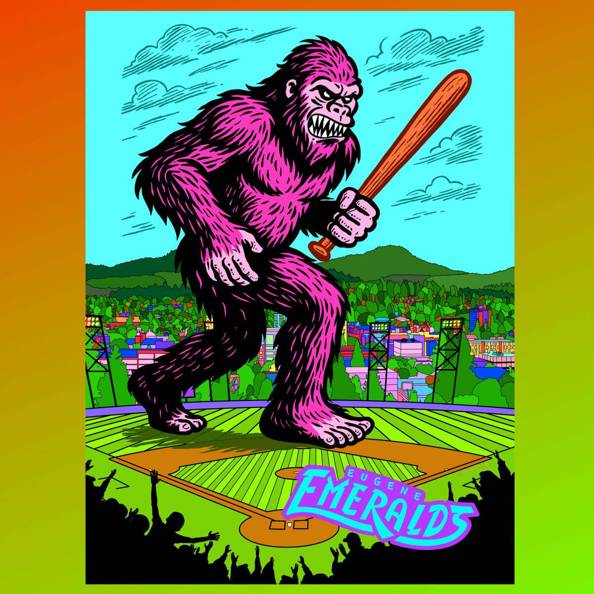 Excited to finally officially share my new collab with the Eugene Emeralds. This piece features the iconic PK Park and roaring fans with the skyline of Eugene and Spencer Butte peaking out. And what NW team would be complete without a massive pink monster Sasquatch taking over!