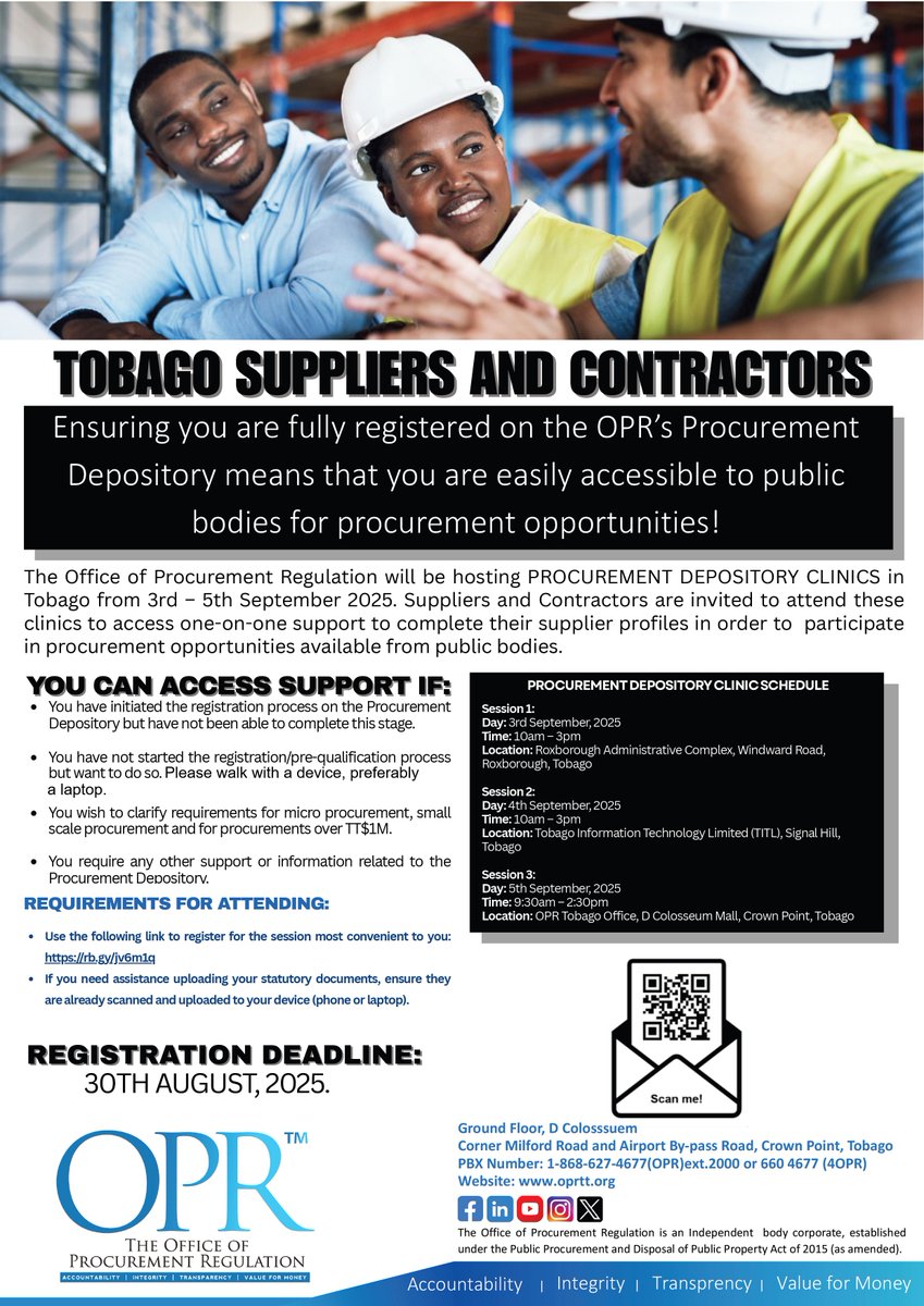 TheOPRTT's tweet photo. Tobago Suppliers and Contractors!

Ensure you are fully registered on the OPR's Procurement Depository.

Register now to attend our upcoming Procurement Depository Clinics from the 3rd-5th September, 2025- https://t.co/wejxFWsHlY https://t.co/nCEiIoZzk9