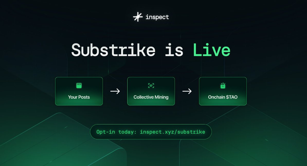 TirboZizo's tweet photo. ⚡ First permissionless mining pool is here: Substrike @inspectxyz
🪙 Post → Engage → Earn $TAO @bittensor_

@NuanceSubnet
Steps:
Sign up https://t.co/ImAnSFf3aP
Quote RT @NuanceSubnet #NuanceInspectxyz

Verify + Submit
👉 Dashboard: https://t.co/3lwujd4HB9 https://t.co/jWyzUigTKo