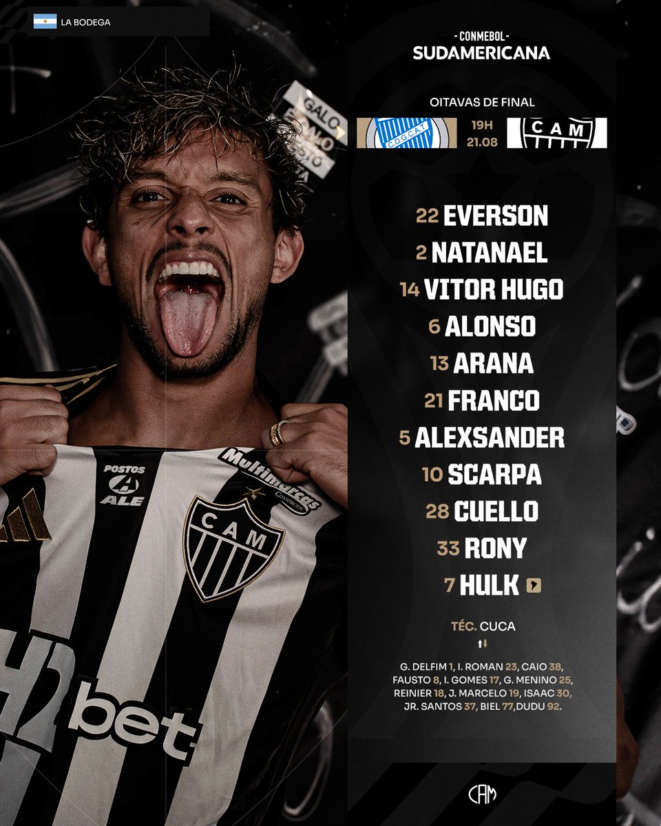 📋 GALO ESCALADO! Veja a nossa escalação para enfrentar o Godoy Cruz, na Argentina, pela volta das oitavas da Sul-Americana! 

#VamoGalo #GODxCAM 🏴🏳️