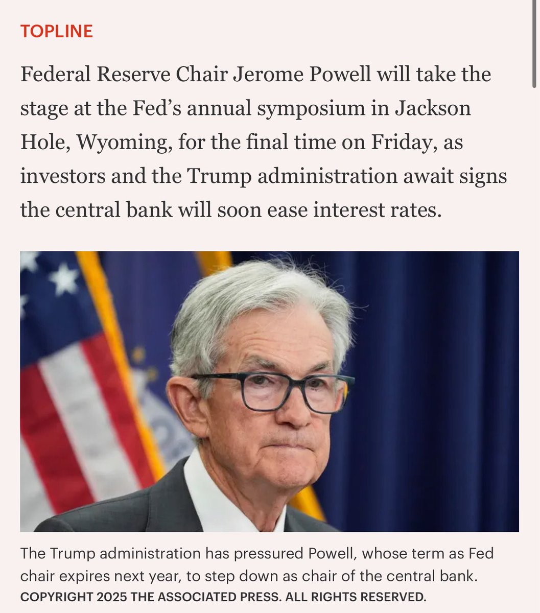 美联储主席鲍威尔（Jerome Powell） 将于2025 年8 月22 日上午10 点，在怀俄明州杰克逊霍尔的年度经济政策研讨会上发表最终讲话。  本次研讨会汇聚各大中央银行家、经济学家和政府官员，鲍威尔的讲话预计对金融市场产生重要影响。 市场与分析板块将密切关注他是否会暗示