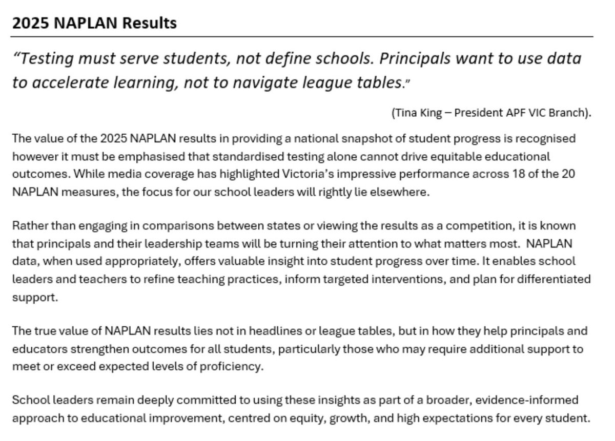 Tina King (Australian Principals Fed Pres - Vic Branch) is experienced, wise and relevant.  She knows the score when it comes to school improvement and local effectiveness of NAPLAN.  The state v state twisting of NAPLAN data for political mileage is a misuse.