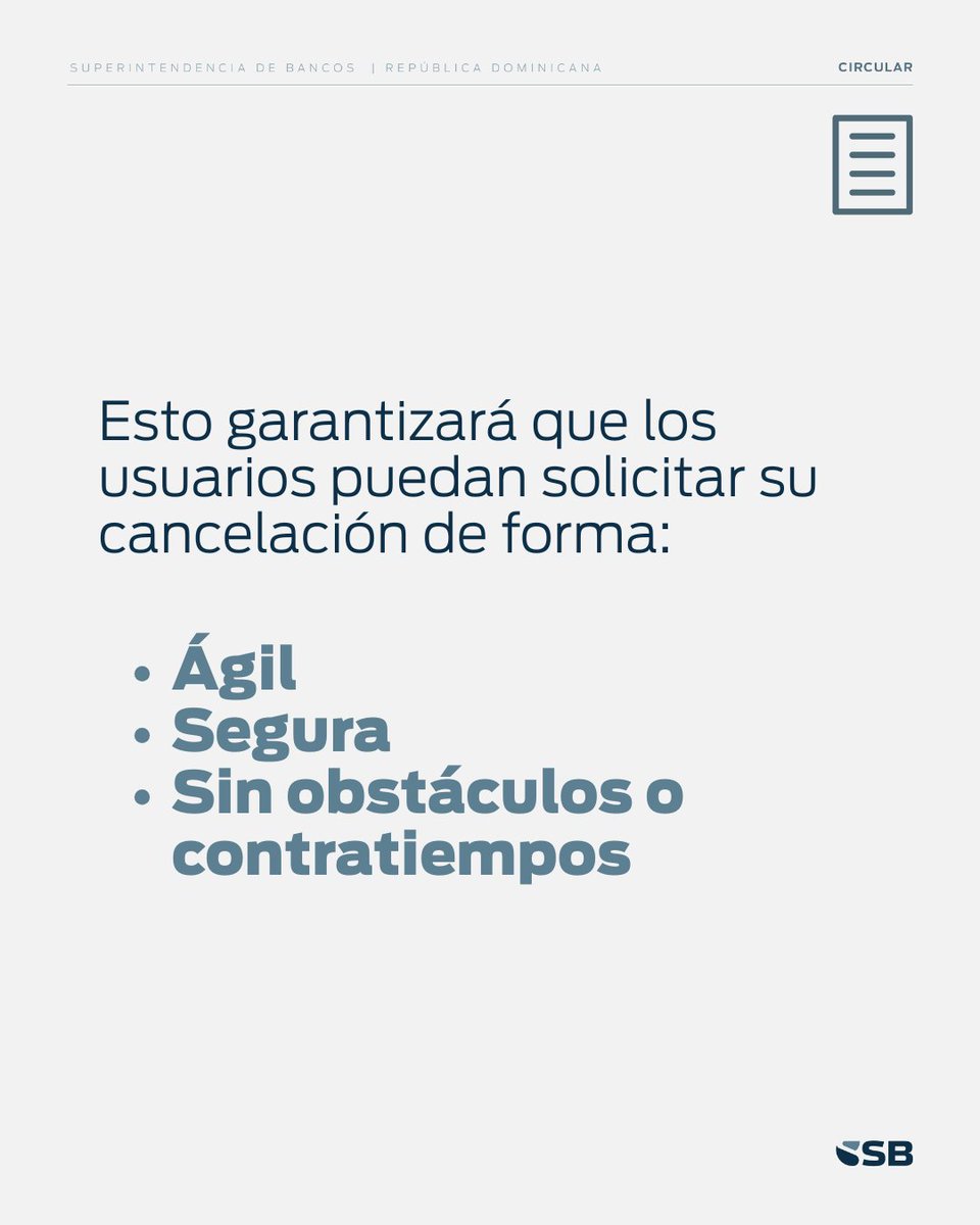 SuperdeBancosRD's tweet photo. ¿Te enteraste?👇🏾

Circular de la SB describe lineamientos que deberán observar las entidades en el proceso de cancelación de productos y servicios.

#CircularSB #NormativasSB #RegulaciónSB https://t.co/Sb15g0SHrr