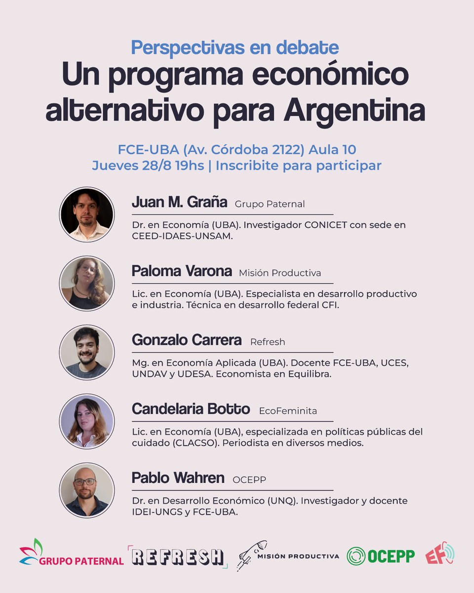 REFRESH 🔄 (@somos_refresh) on Twitter photo El próximo jueves 28/8 tenemos actividad con <a href="/Grupo_Paternal/">Grupo_Paternal</a> <a href="/MisionRevista/">Misión Productiva</a> <a href="/OCEPPeconomia/">OCEPP</a> <a href="/EcoFeminita/">EcoFeminita</a> para pensar un programa económico para 🇦🇷
📝 Inscribite por el forms en nuestra bio, o pedinos el link!
🗓️ 28/8 19hs
📌 Facultad de Cs. Económicas, UBA (Av. Córdoba 2122) El próximo jueves 28/8 tenemos actividad con <a href="/Grupo_Paternal/">Grupo_Paternal</a> <a href="/MisionRevista/">Misión Productiva</a> <a href="/OCEPPeconomia/">OCEPP</a> <a href="/EcoFeminita/">EcoFeminita</a> para pensar un programa económico para 🇦🇷
📝 Inscribite por el forms en nuestra bio, o pedinos el link!
🗓️ 28/8 19hs
📌 Facultad de Cs. Económicas, UBA (Av. Córdoba 2122)