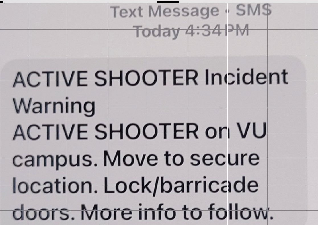 Steve Keeley (@keeleyfox29) on Twitter photo Alert sent out “ACTIVE Shooter incident Watning on <a href="/VillanovaU/">Villanova University</a> campus. Move to secure location.” Alert sent out “ACTIVE Shooter incident Watning on <a href="/VillanovaU/">Villanova University</a> campus. Move to secure location.”