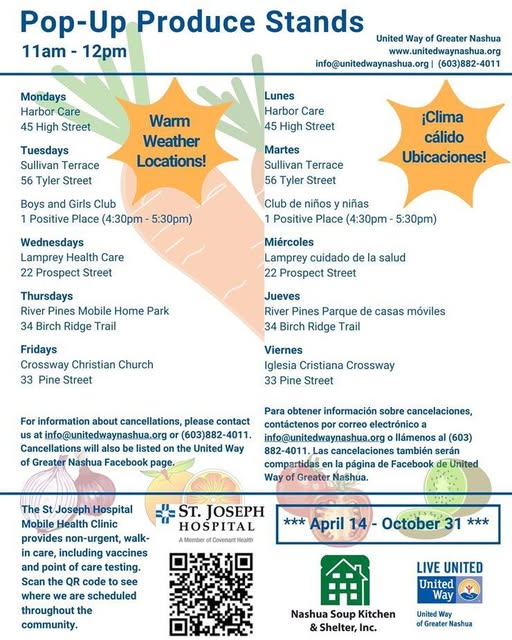 🥕Looking for fresh fruits, veggies, and other perishable goods? Stop by the Pop-Up Pantries in downtown Nashua—happening every weekday from 11 AM to 12 PM at rotating outdoor spots🌽

📍 Find pantry locations and more food resources here: tinyurl.com/Pop-UpPantries