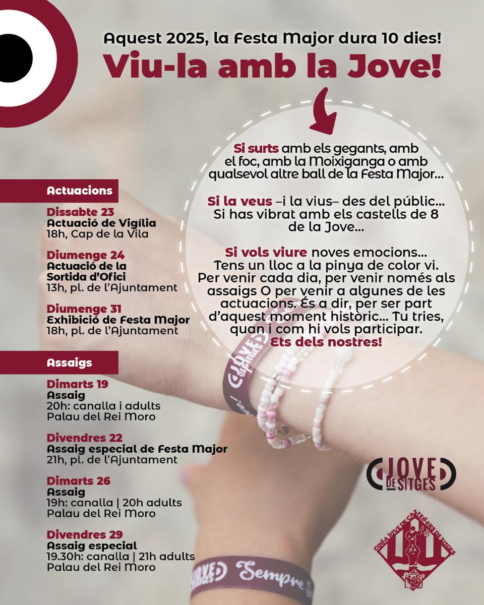 🟥 VIU LA FESTA MAJOR AMB LA JOVE!
✅ Assaigs, actuacions (i presentació de la pubilla, vermut, Entrada del Sant…)

💥 Bona Festa Major!
#castells #castellers #sitges