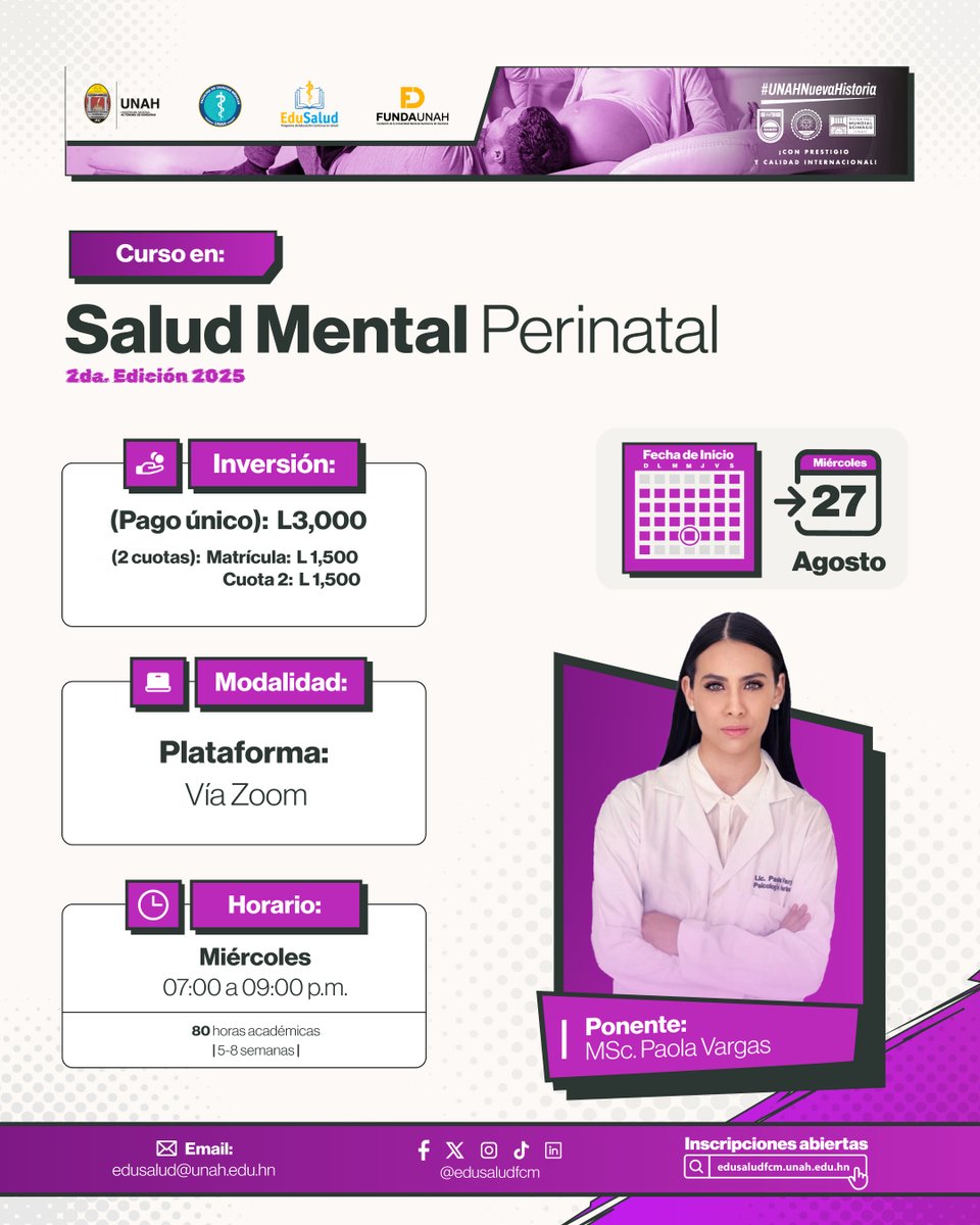 edusaludfcm's tweet photo. 🌸 Segunda edición 2025 | Curso de Salud Mental Perinatal
👩‍⚕️ 80 hrs | Certificado digital
📅 Inicio: 27 de agosto | 7-9 p.m. vía Zoom
💰 L3,000 | Docente: MSc. Paola Vargas
🔗 Inscripción: https://t.co/AGtagBirYL...
#SaludMental #EduSalud https://t.co/bPprdcodbW