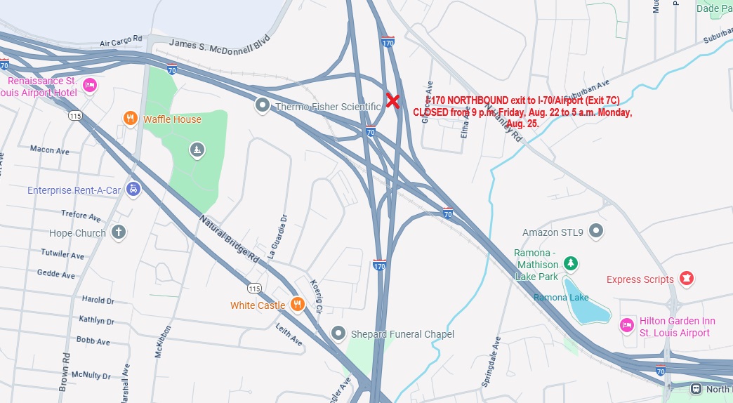 MoDOT crews will close the northbound I-170 exit ramp to westbound I-70/Airport (Exit 7C) Friday, Aug. 22 at 9 p.m. until Monday, Aug. 25 at 5 a.m. The ramp will be closed for bridge work.