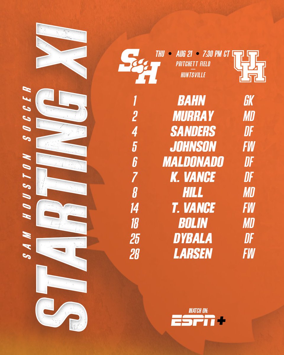 Here is tonight's starting lineup against the Cougars.

🔗 linktr.ee/samhoustonsoc

#EatEmUpKats