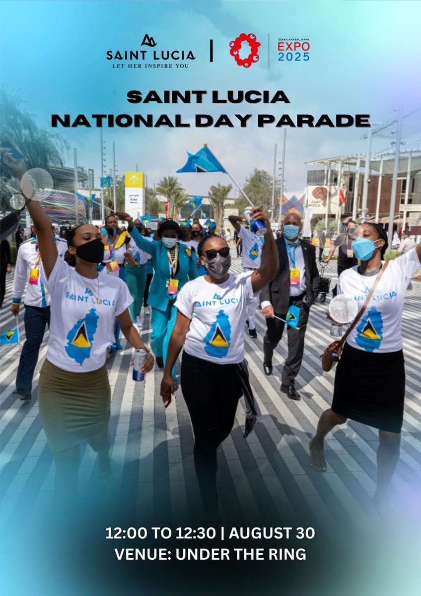 ExportStLucia's tweet image. 🇱🇨✨ Saint Lucia takes the global stage at Expo Osaka 2025!

📅 August 30th, 2025 (JST)
🎶 Culture | 🎭 Fashion | 🎉 Parade | 🎤 Music
Join us as we showcase the spirit of Saint Lucia to the world 🌍

#Expo2025 #SaintLucia #NationalDay #OsakaJapan