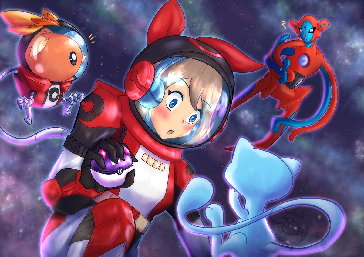 Space Adventures - First Stop
#Pokemon #May #Torchic #Shiny #Mew #Deoxys #Space #Fanart