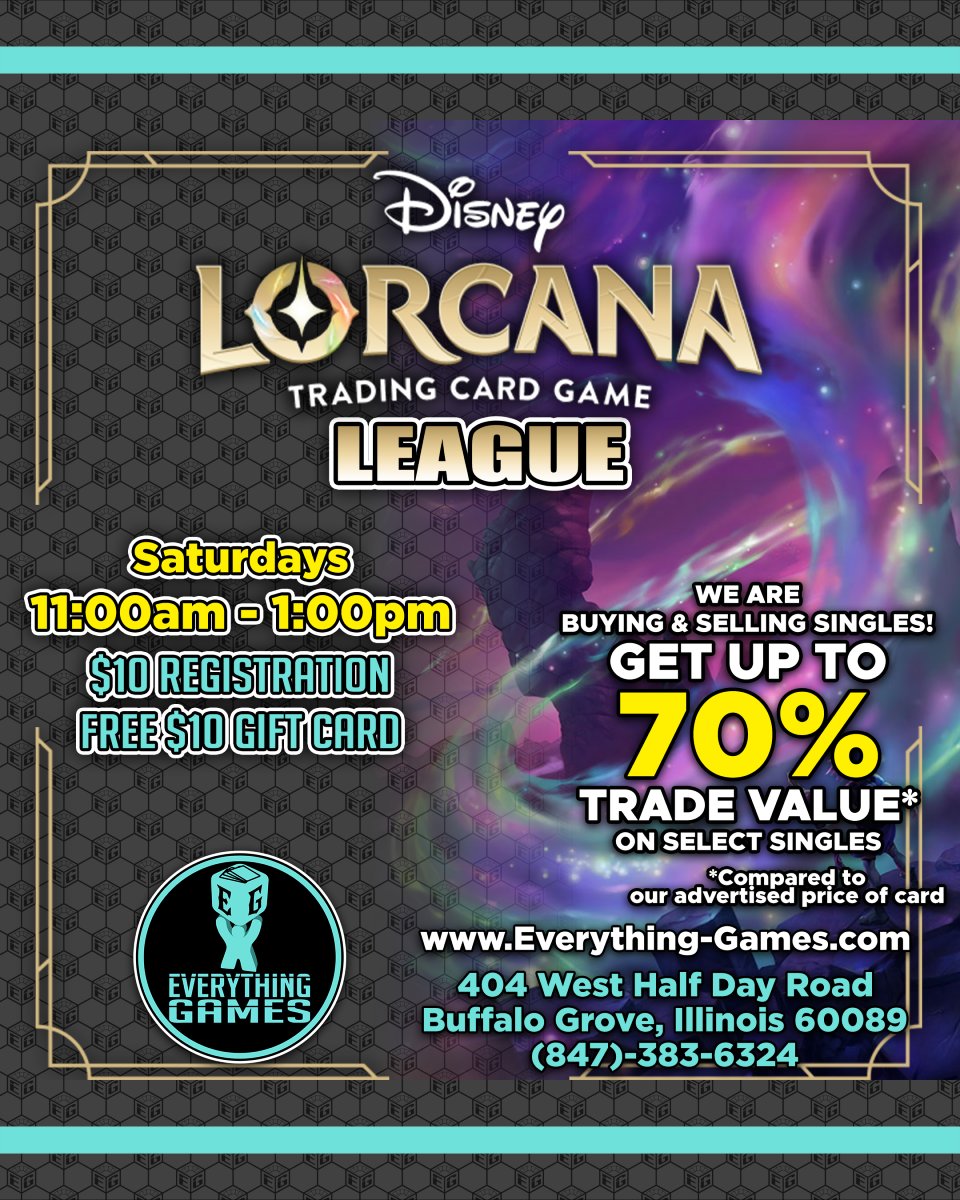 verythingGames's tweet photo. Illumineers! Join us for League every Saturday! Bring in your extra cards when you come by-- we're offering up to 70% trade value on select singles!🎲 🎮
.
.
.
#LorcanaTCG #DisneyLorcana #EverythingGames https://t.co/oPp0sd0ZZ9