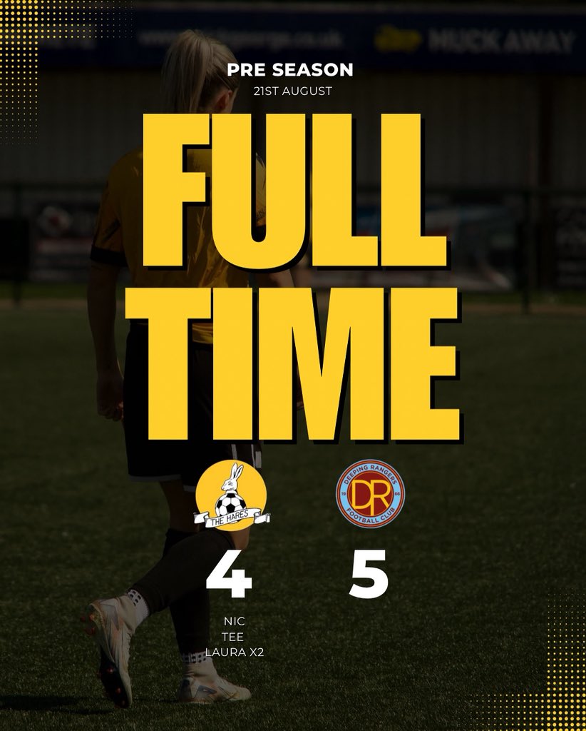 FULL TIME 

An incredible performance against higher division Deeping Rangers where we held our own and led for a significant portion of the game. 

Goals from Tee, Laura, and Nic 👏🏼

Onto the next 🔜 #UpTheHares