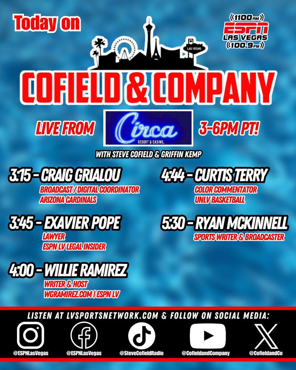 ESPN 1100/100.9 FM (@espnlasvegas) on Twitter photo Don't miss the latest episode of <a href="/cofieldandco/">Cofield & Company</a> with <a href="/stevecofield/">COFIELD</a> & <a href="/Griffinkemp51/">Griffin Kemp</a> live from <a href="/CircaLasVegas/">Circa Las Vegas</a> 3-6pm PT!
📻: 1100 AM | 100.9 FM
📱: Text the show at 702-364-1100
💻: Stream live at LVSportsNetwork.com Don't miss the latest episode of <a href="/cofieldandco/">Cofield & Company</a> with <a href="/stevecofield/">COFIELD</a> & <a href="/Griffinkemp51/">Griffin Kemp</a> live from <a href="/CircaLasVegas/">Circa Las Vegas</a> 3-6pm PT!
📻: 1100 AM | 100.9 FM
📱: Text the show at 702-364-1100
💻: Stream live at LVSportsNetwork.com