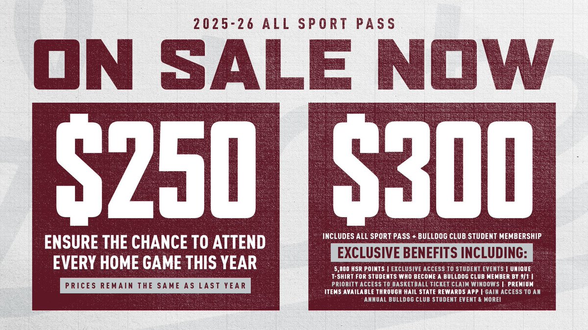 Order your All Sport Pass now, pay later!

Remember, just ☝️ day remains to add your pass to your Student Accounts Receivable and pay later this year.

Passes are selling fast so don’t wait!

🔗:  hailst.at/3UBskKW

#HailState