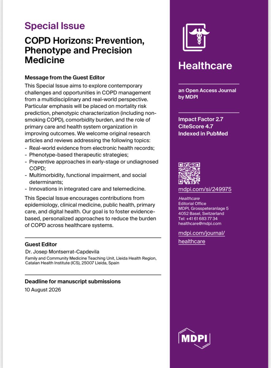 j0sepMontserrat's tweet photo. És un honor actuar com a Guest Editor del número especial Healthcare (MDPI) titulat “COPD Horizons: Prevention, Phenotype and Precision Medicine”.

Una oportunitat per posar en valor la recerca en l’#AtencióPrimària

🔗 https://t.co/6TNCAyl2hE

#Recerca #Salut #PrimaryCare https://t.co/kmQVwJGZCl