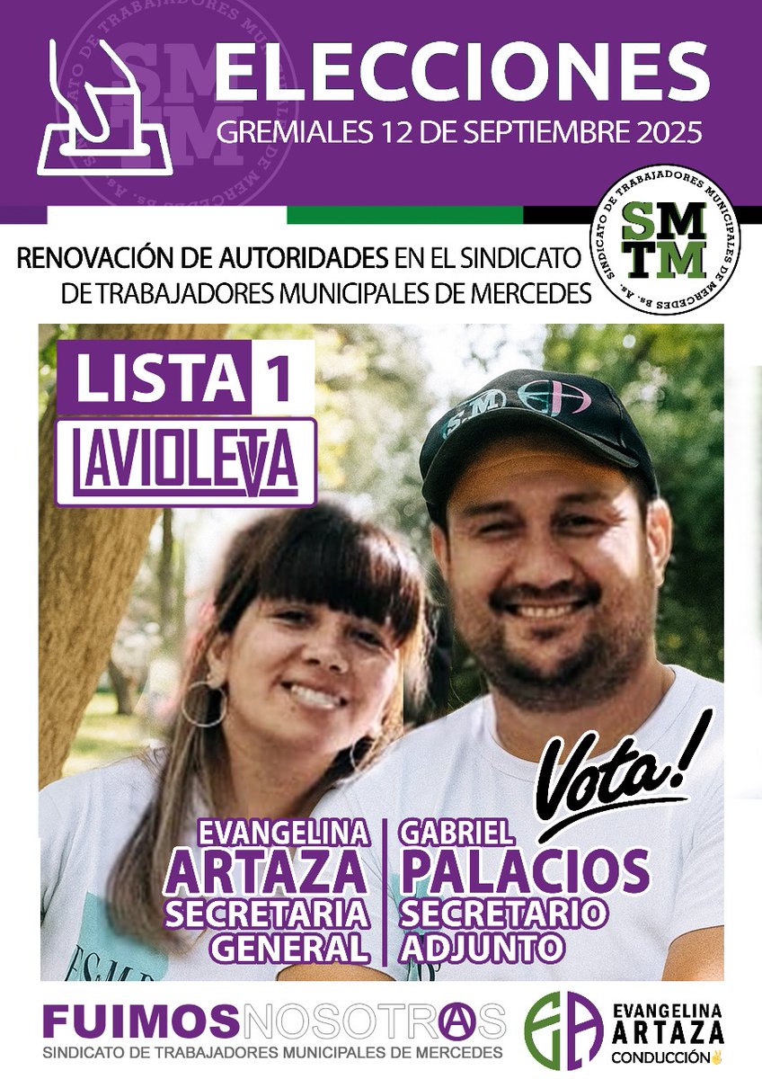 stm_mercedes's tweet photo. 🗳 𝗘𝗟𝗘𝗖𝗖𝗜𝗢𝗡𝗘𝗦 𝗘𝗡 𝗘𝗟 #STMM
⚠️ EL 𝟭𝟮/𝟵 𝗦𝗘 𝗩𝗢𝗧𝗔
🔸𝗘𝘃𝗮𝗻𝗴𝗲𝗹𝗶𝗻𝗮 𝗔𝗥𝗧𝗔𝗭𝗔 - 𝗦𝗲𝗰𝗿𝗲𝘁𝗮𝗿𝗶𝗮 𝗚𝗲𝗻𝗲𝗿𝗮𝗹
🔹𝗚𝗮𝗯𝗿𝗶𝗲𝗹 𝗣𝗔𝗟𝗔𝗖𝗜𝗢𝗦 - 𝗦𝗲𝗰𝗿𝗲𝘁𝗮𝗿𝗶𝗼 𝗔𝗱𝗷𝘂𝗻𝘁𝗼
#Elecciones2025 #STMM
#lavioleta #evangelinaartazaconduccion https://t.co/tqyPxGZrfV