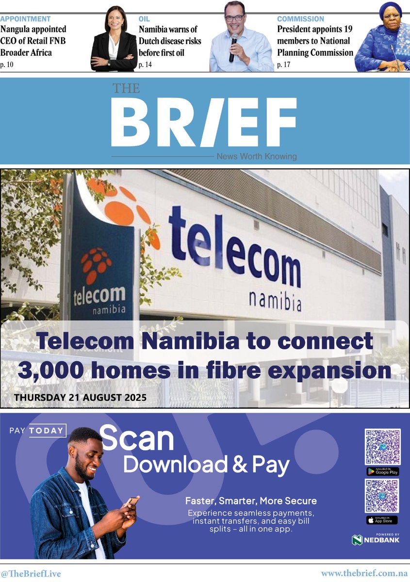 Our Thursday edition is out now – catch up on the latest business and finance news from Namibia. Read it here:  
epaper.thebrief24.com/2025/August-20…
Join our WhatsApp channel to get The Brief straight to your phone on  
whatsapp.com/channel/0029Va…  to get our daily edition and stay updated with