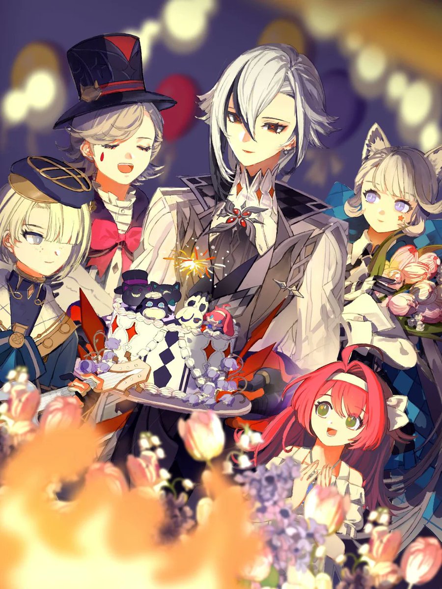 LTanuko39831's tweet photo. Arlecchino birthday art drop!
Cake, flowers, balloons, and the glow of the hearth. Linney sings, Freminet plays, Lynette brings flowers, Clervie claps, and Father’s subtle smile says it all.

Even the cake was specially designed as a tiny family photo—Arle’s love for sweets truly shines through.

Under the firelight, the family gathers close. Happy Birthday, Arle. May the warmth of the House of the Hearth always shine into your future.

#Arlecchino #GenshinImpact #GenshinArt #Houseofhearth #アルレッキーノ生誕祭2025