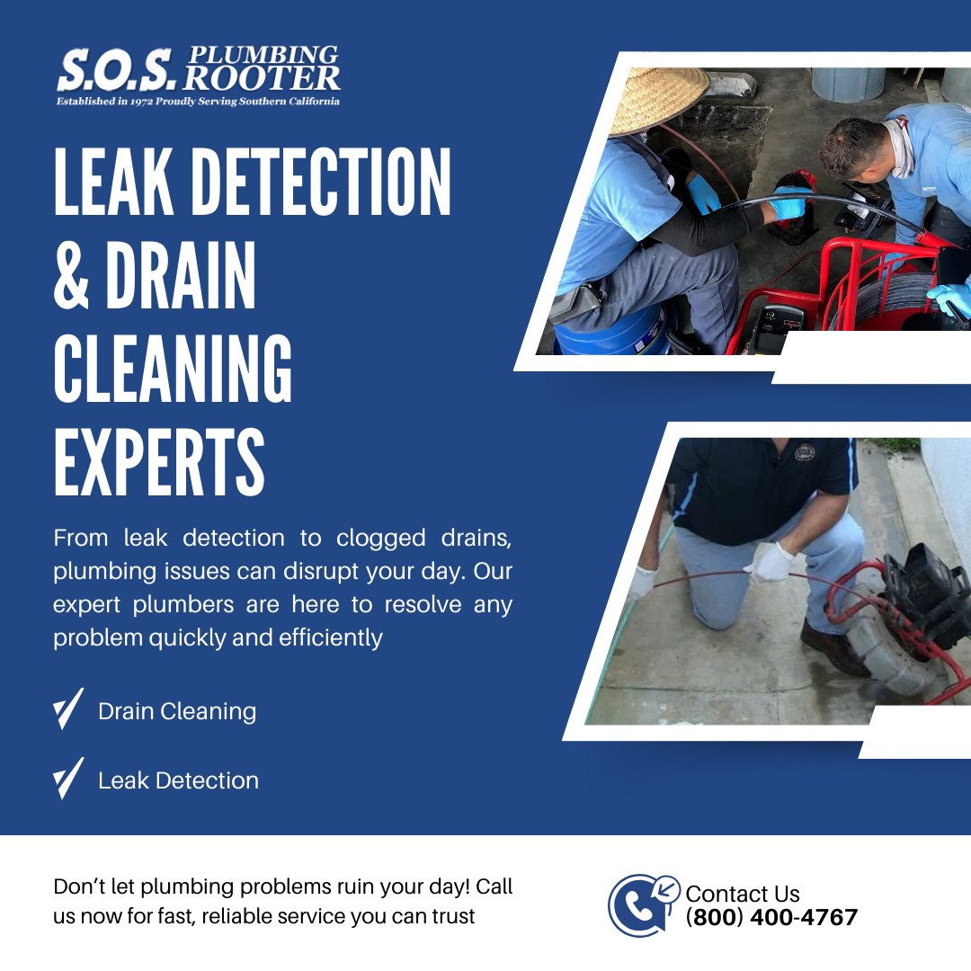 ORooter's tweet photo. At S.O.S. Plumbing Rooter, we specialize in fast and reliable leak detection and drain cleaning services. Whether it’s a clogged drain or a hidden leak, our expert plumbers have the skills and equipment to handle it quickly and efficiently. https://t.co/ctnZV8O28o