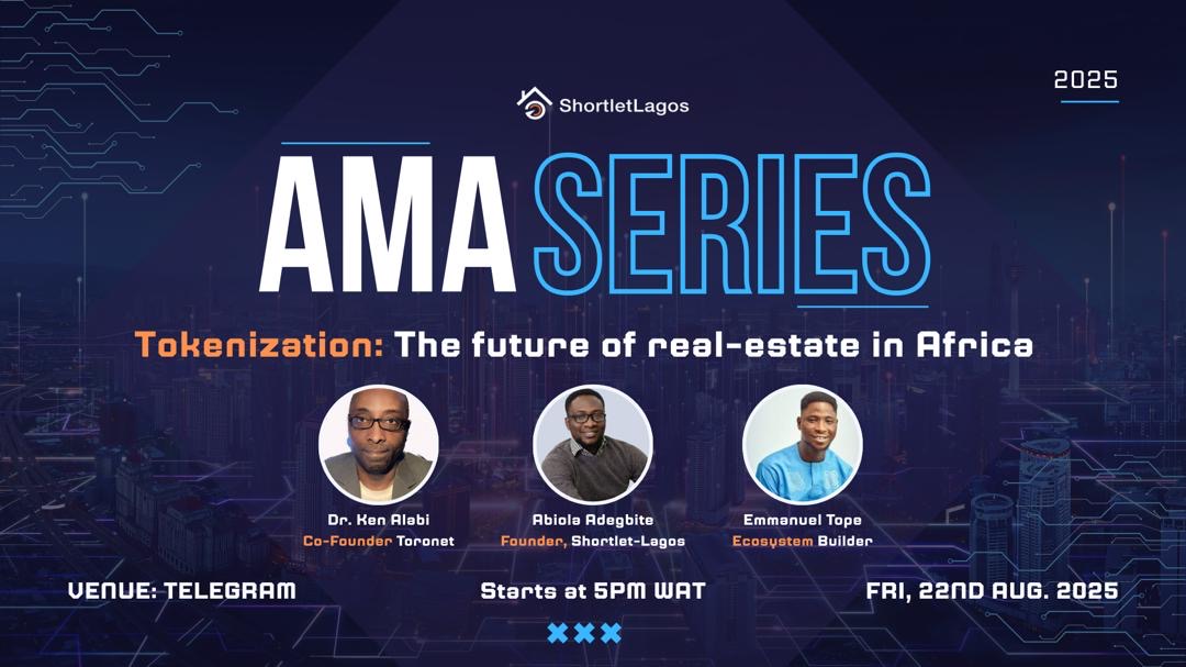 SHORTLETLAGOS's tweet photo. 🎙️ AMA ANNOUNCEMENT    

We tokenize Lagos shortlets so you can own real estate from $50. But how exactly does it work? And why 15% returns?     

This Friday, ask us anything:  

• Token mechanics & transparency   
• Returns & investor protections     
• Expansion beyond Lagos   
• Building on Toronet blockchain      

✓ Friday, 22nd Aug | 5pm WAT    
✓ Telegram 

- https://t.co/s2nLTb6tbz 

#JollofGains #SHLETxToro