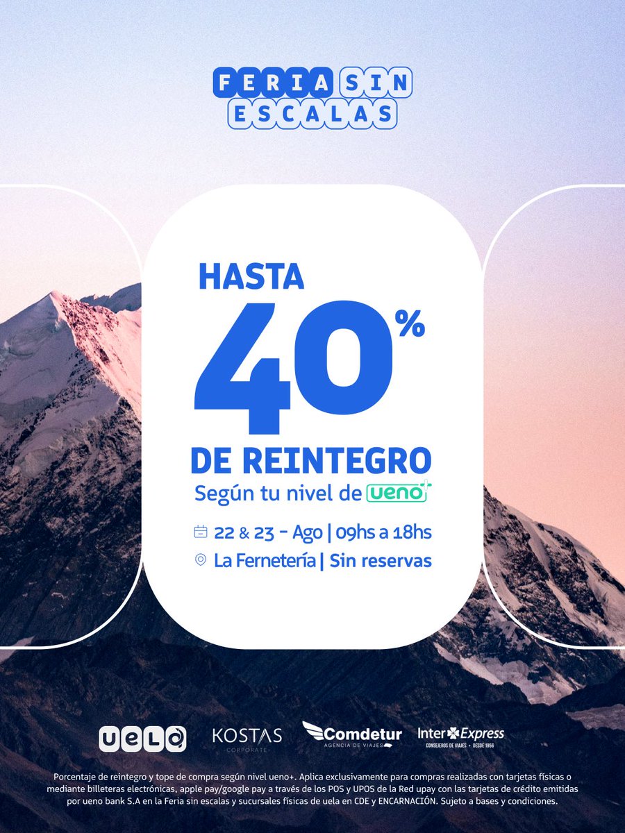 uenopy's tweet photo. Viajá sin escalas y descubrí el mundo con beneficios exclusivos de ueno bank

Hasta 40% de reintegro según tu nivel de ueno+
#uenobank

📅 22 y 23 de Agosto
📍 La Fernetería, Shopping del Sol
⏰ 09:00 a 18:00 hs.

Aplica a la compra de nuevos paquetes, tickets y alojamientos. Más info en https://t.co/7RBkUHeT0f
Sujeto a bases y condiciones.