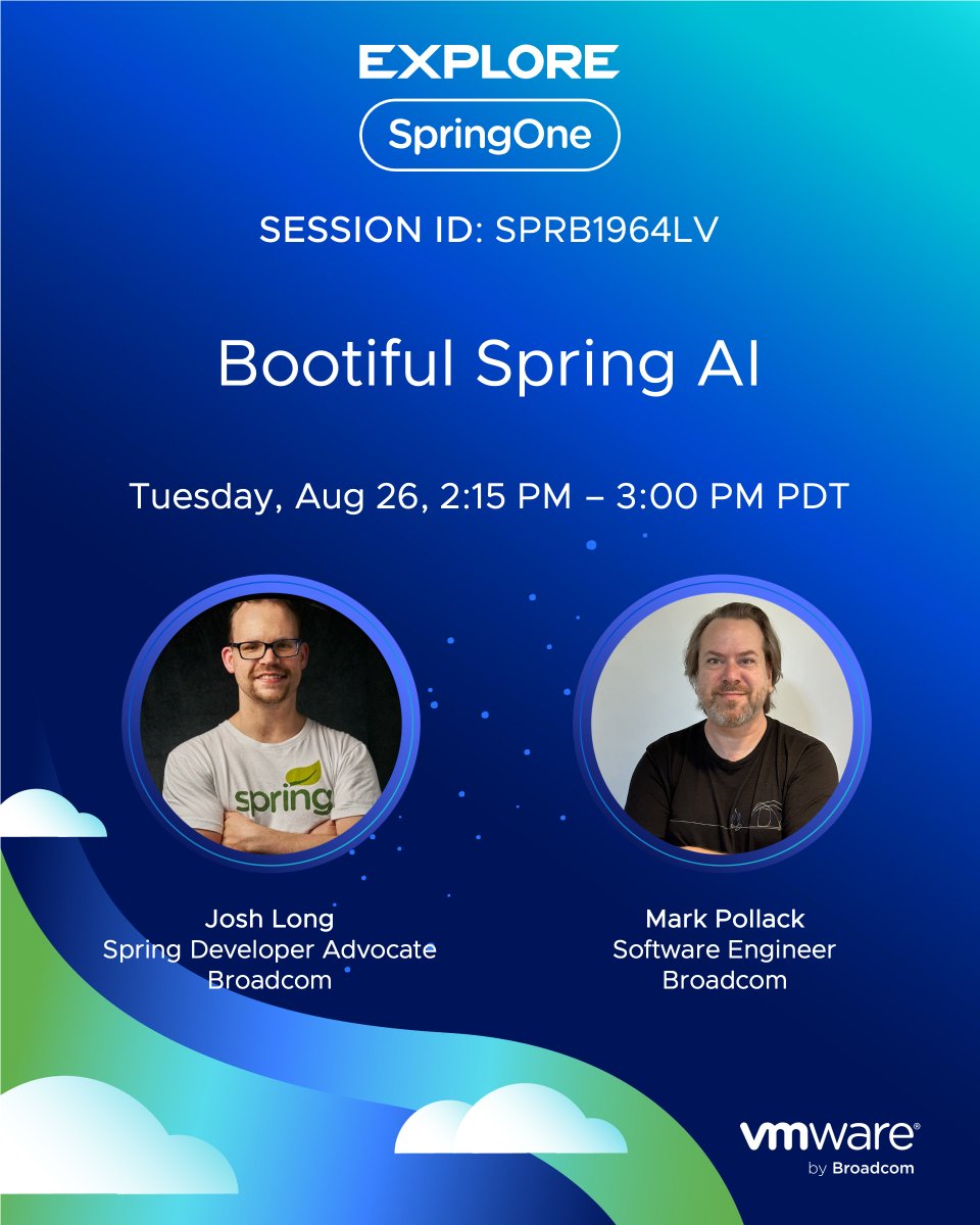 SpringOne's tweet image. Unlock enterprise #AI awesomeness with #Spring AI! Join @starbuxman &amp;amp; @markpollack at #SpringOne at #VMwareExplore 2025 for &quot;Bootiful Spring AI.&quot; Learn to leverage models, integrate #MCP services, and build agentic systems. Don&apos;t miss out! brcm.tech/3HqA4wq